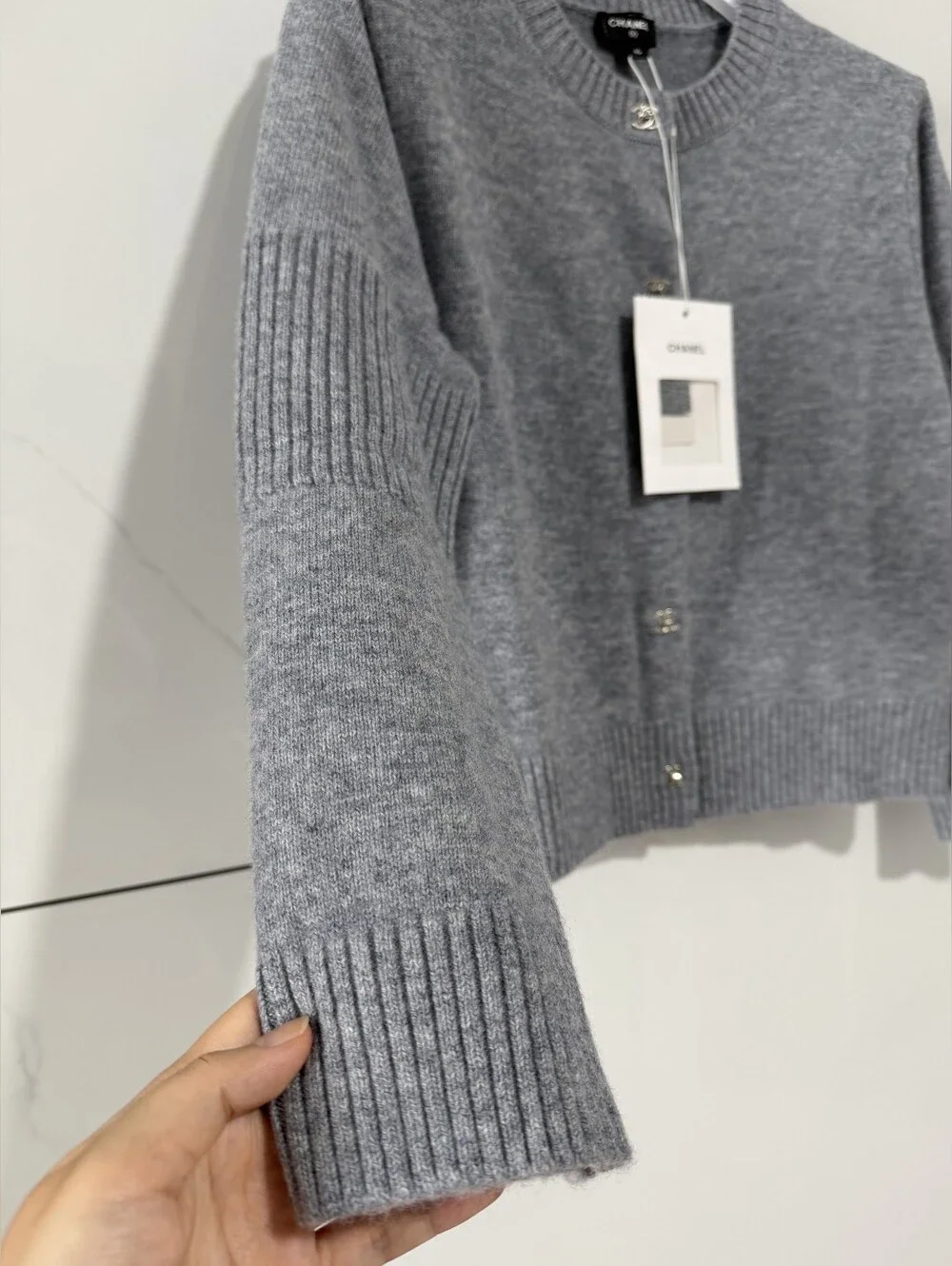 Chanel Gray Crewneck Cashmere Blend Cardigan Sweater